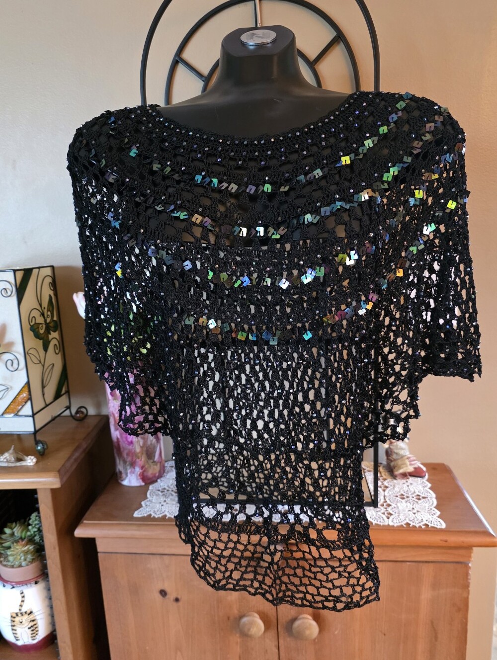 Vintage Y2K Black Crocheted Iridescent Sequin Batwing Sleeves Knit Top